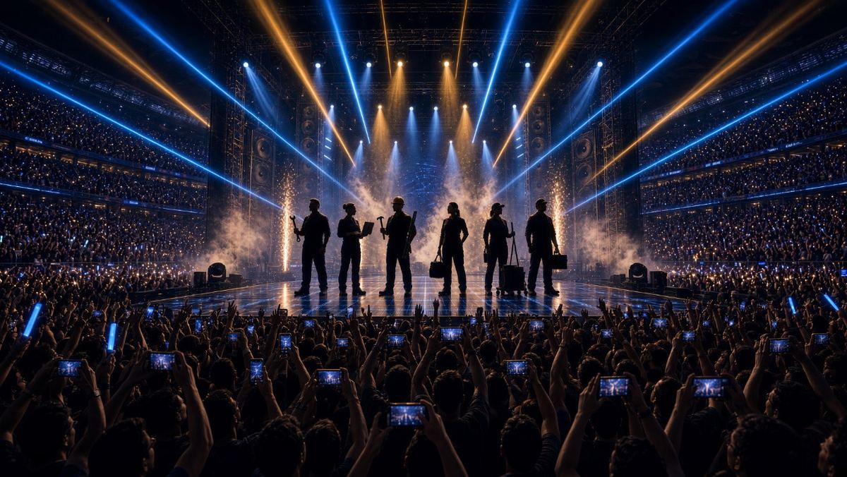 Technicians silhouetted on a spotlit stage, cheered on by a packed crowd holding up glowing phone lights - the workforce as the stars of the show